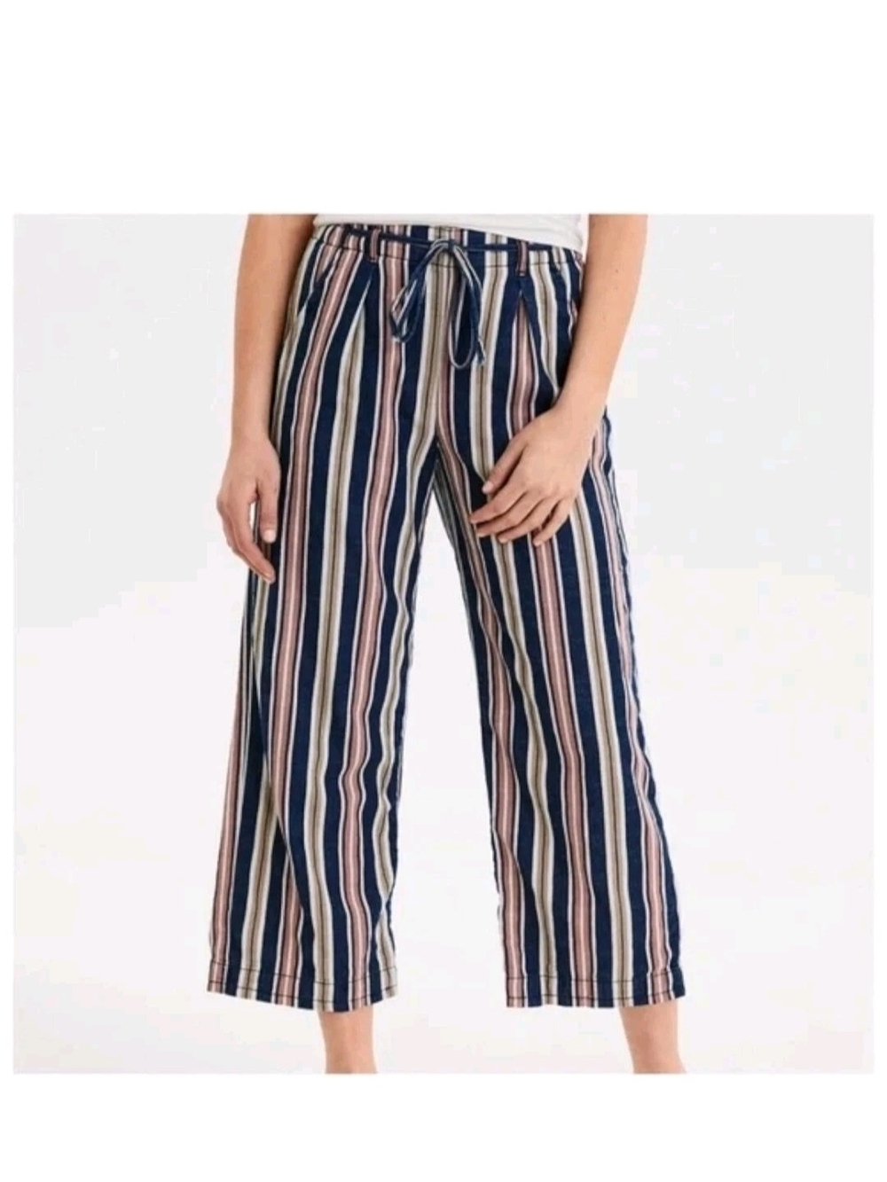 America Eagle Striped Wide-Leg Cropped Pants - Navy & Pink